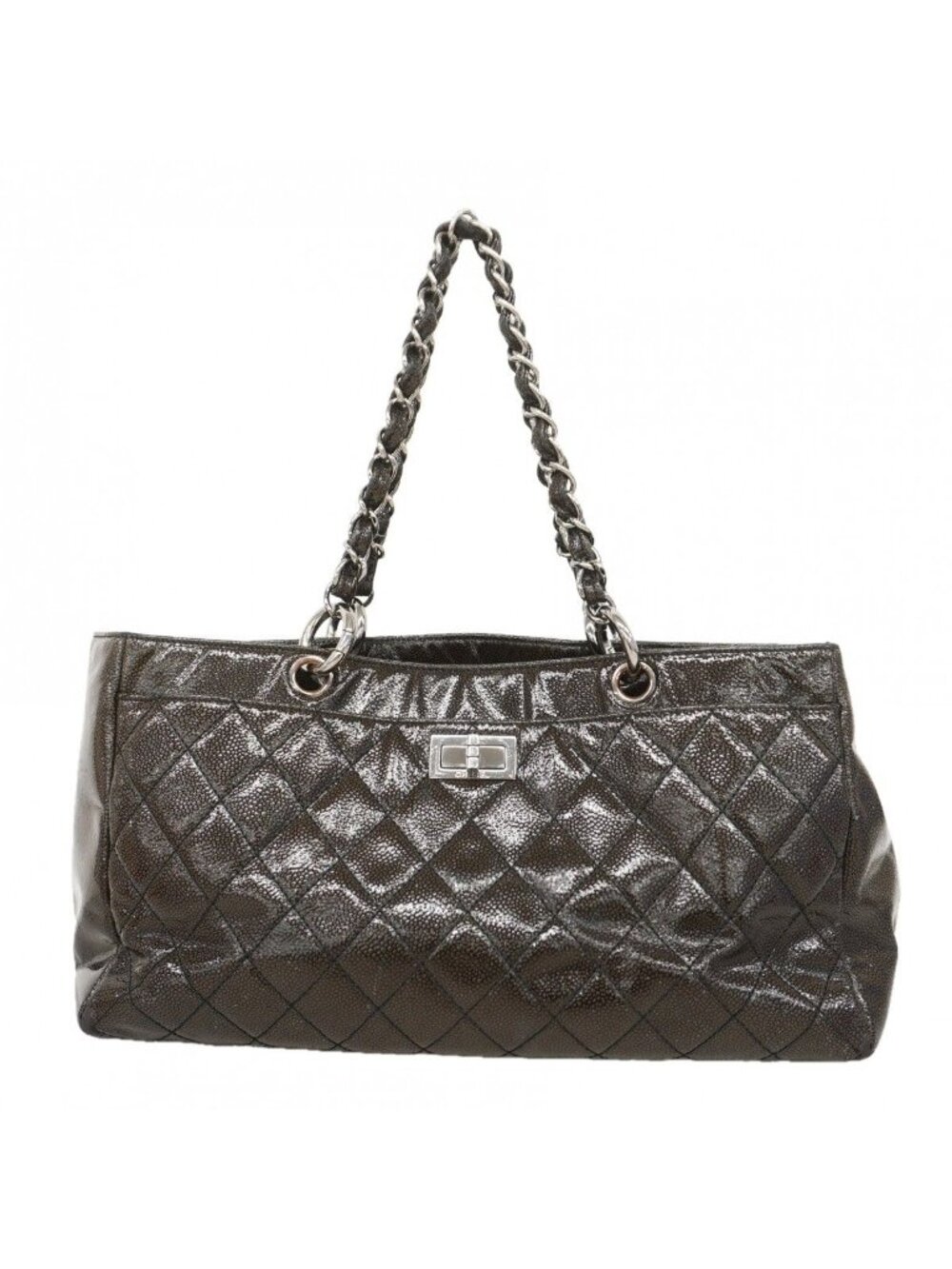 Chanel Chain Tote 2.55 Patent Leather Black Brown Silver